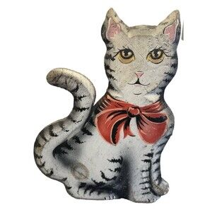 Hand Made Wood Cat 13" Tall Primitive Decor Painted Floral Folk Art Kitty Signed